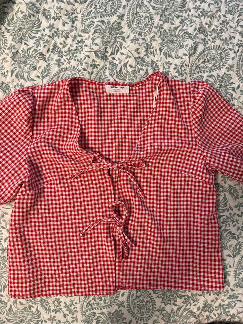 Double Zero Red and White Gingham Tie-Front Blouse